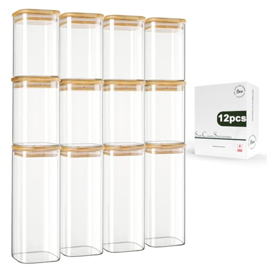 Food Storage Containers Glass - 12-pack vierkante glazen voorraadpotten met bamboe
