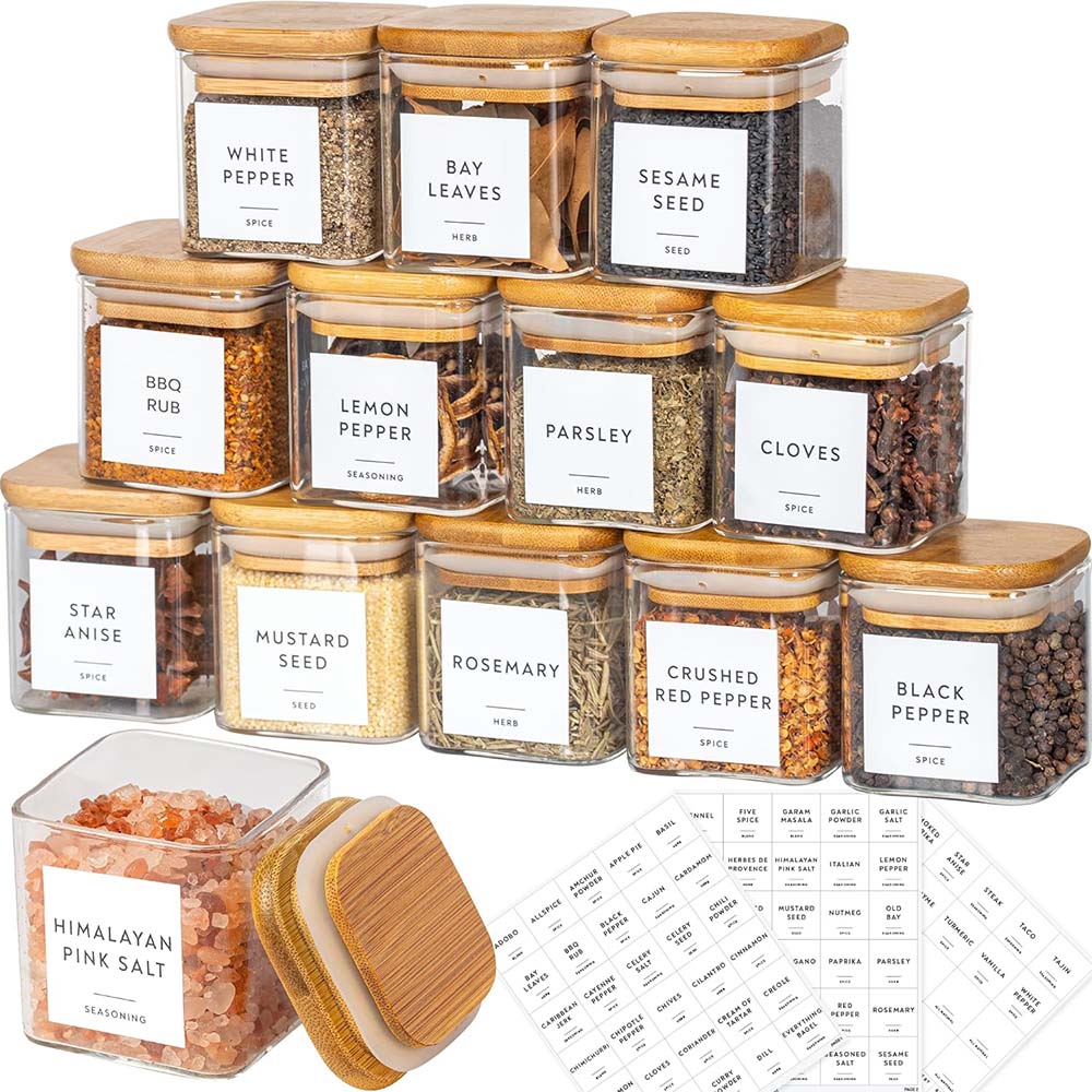 Food Storage Set Glass - 5Oz Glazen Potten Met Kruidenetiketten, Vierkante