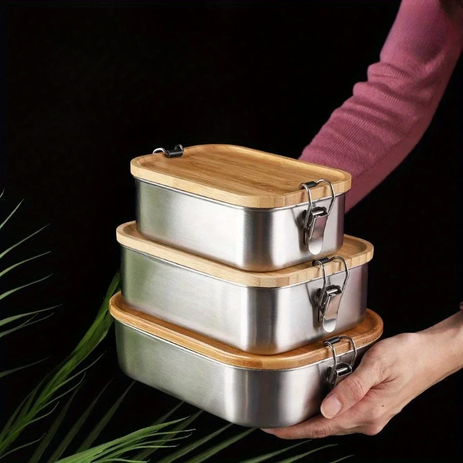 Food Storage Bins - Nieuwe 304 Roestvrijstalen Bamboe Deksel Lunchbox,