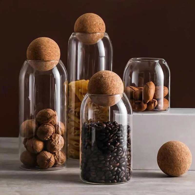 Food Storage Jar Set - Glazen voorraadpotten met bolvormige kurkstop voor