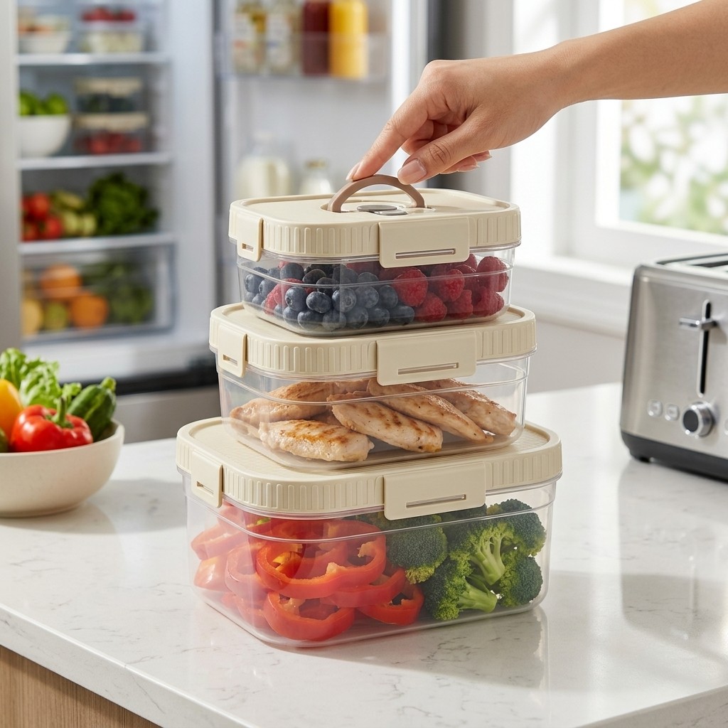 Food Storage Handling - Stapelbare voedselbewaarbak met handvat, verzegeld, lekvrij,