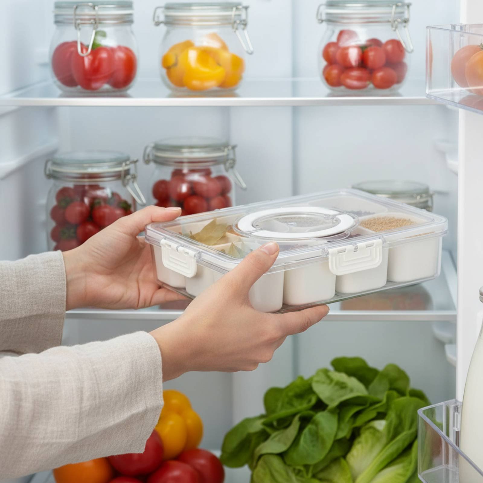 Food Storage Design - Koelkastopbergbak Drainageontwerp Voedselcontainer met verdelers Gepartitioneerde