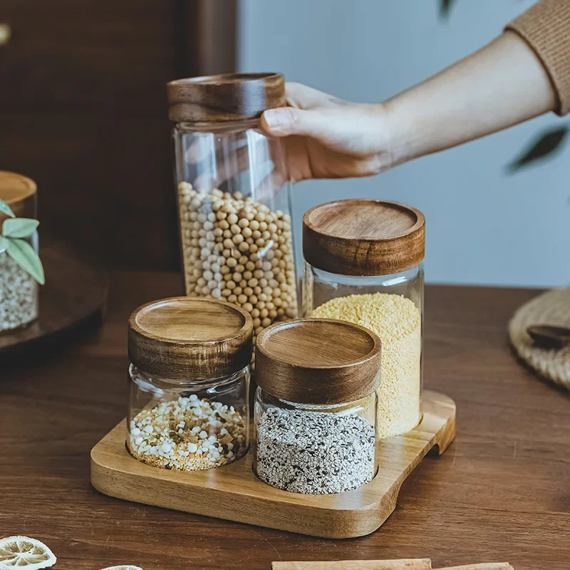 Food Storage Set Glass - Houten Deksel Orgnizer Glas Luchtdichte Bus